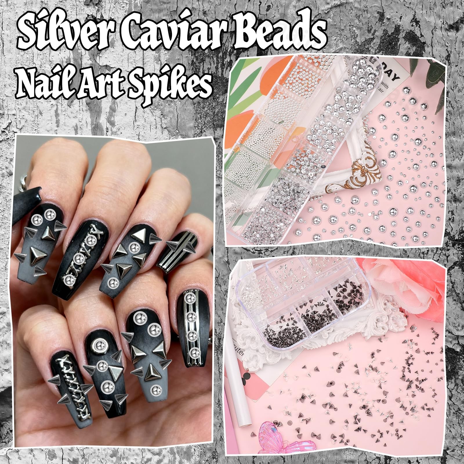 Black Silver Punk Spike Nail Charms Caviar Beads Gothic Metal Studs Rivet