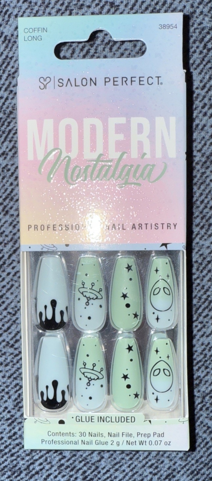 Alien UFO Salon, Perfect Nails Coffin Long Green Blue