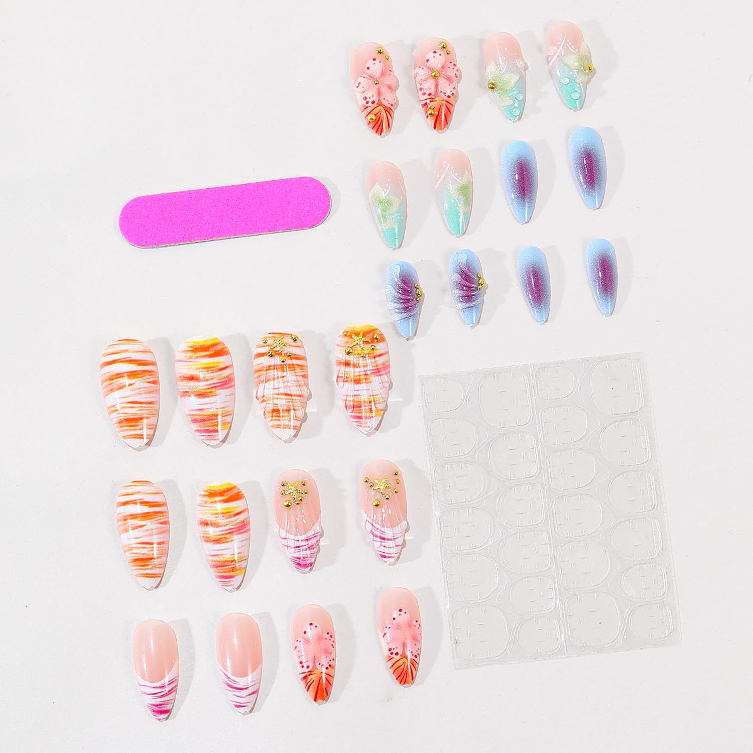 Gradient 3D Flower Press on Nails Almond – Medium French Tip Fake Nails with Gol