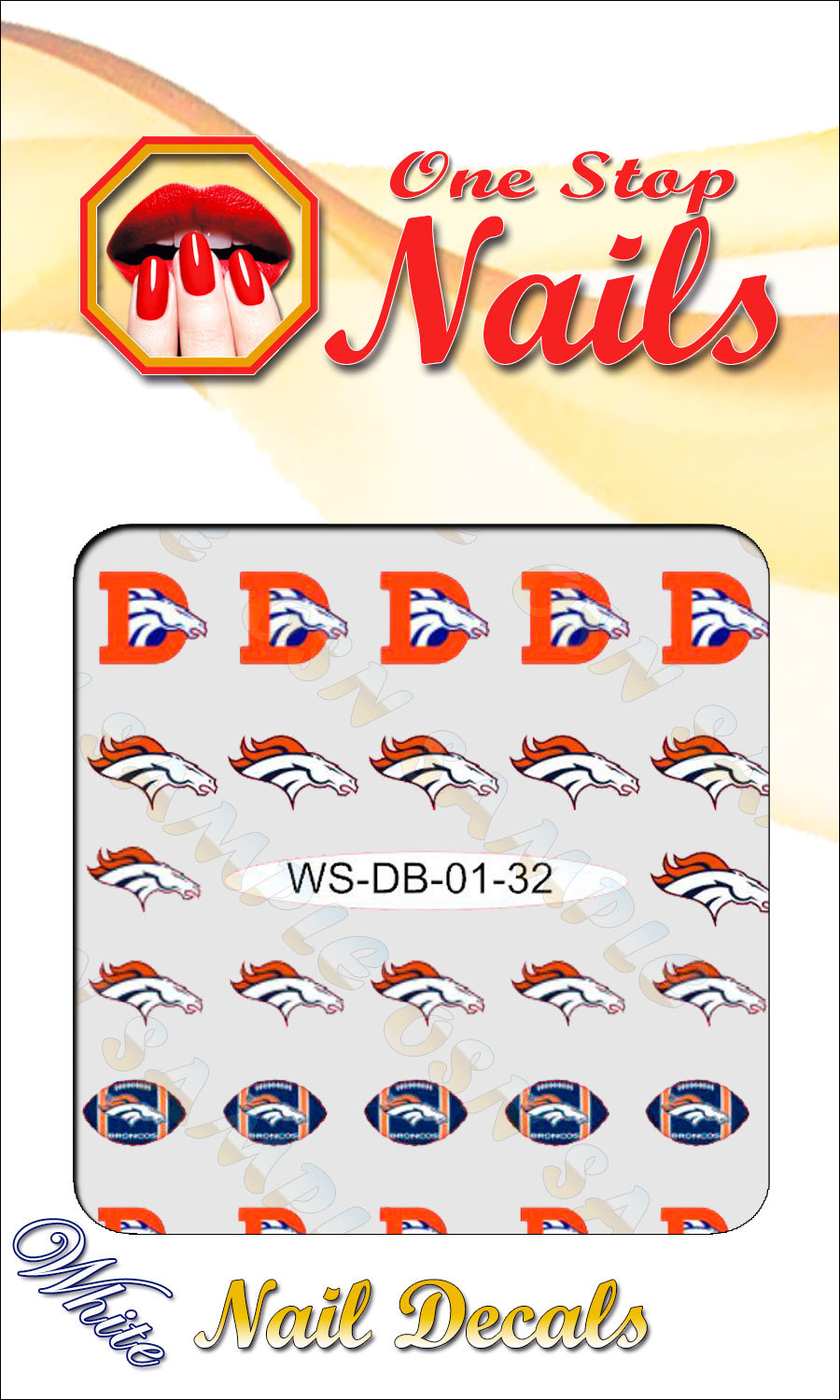 Denver Broncos Vinyl Peel & Stick Nail Art Decals pre-cut white BG WS-DB01-32