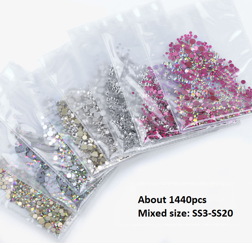 1440pcs Nail Art Rhinestones Glitter Diamond Crystal Gems 3D Tips DIY Decoration