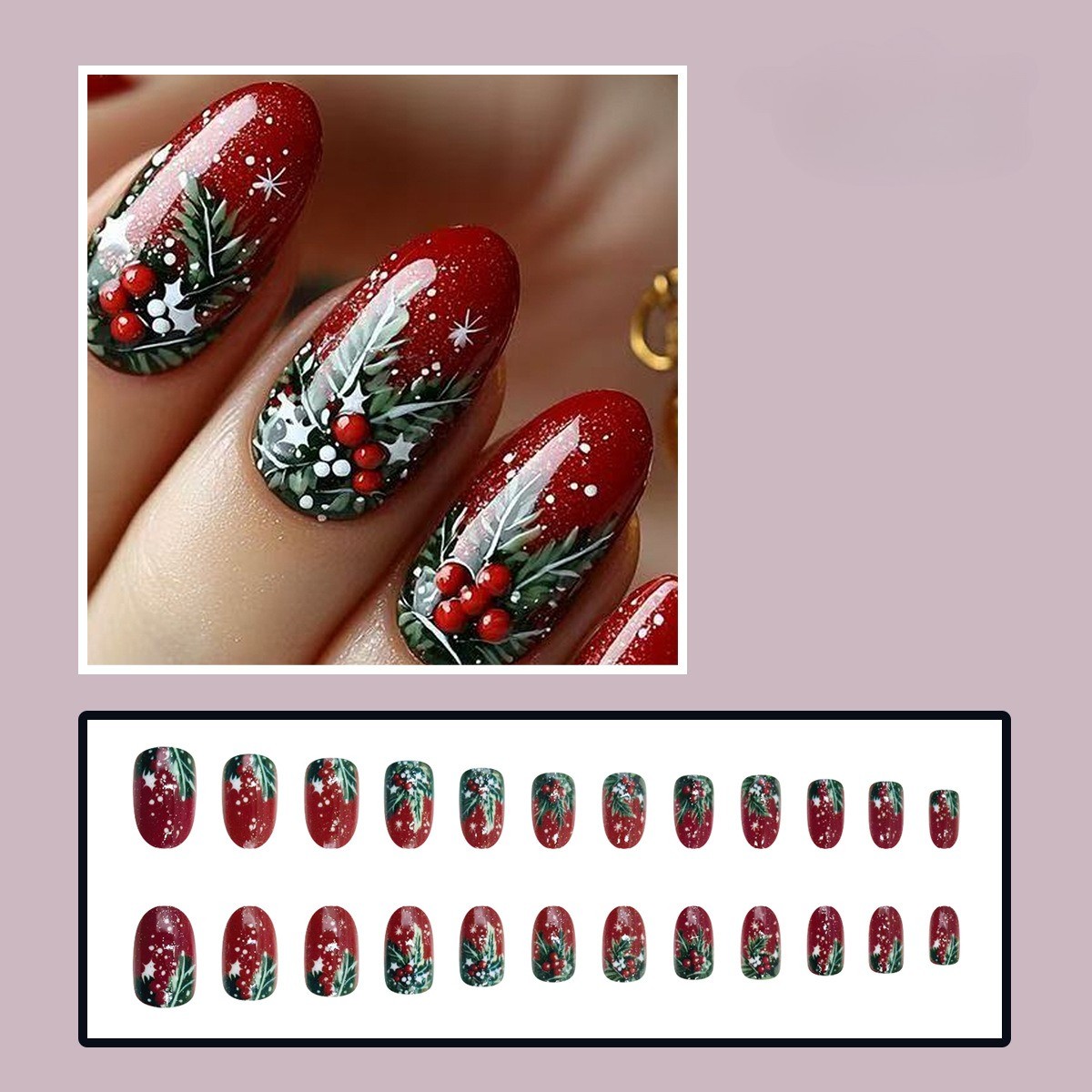 48pcs Christmas Press On Nails Oval Red Glitter Berry Reusable Festive Gifts