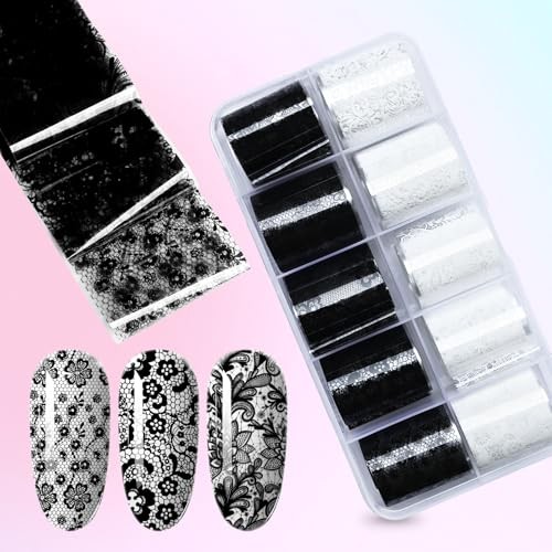Transfer Nail Foil Flower White Black Lace Nail Art Sticker Decals Style F