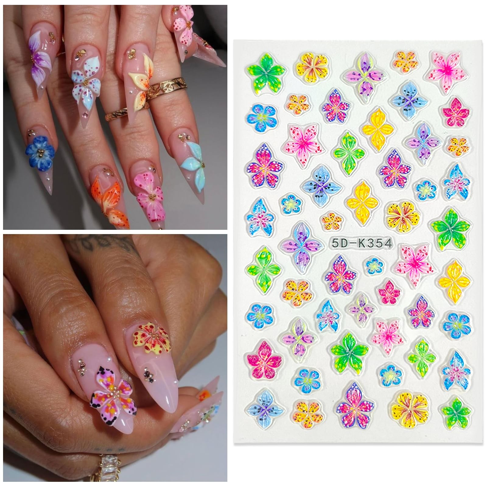 SEMATA Colorful Flower Nail Art Stickers Nail Decals for Women | 5D Embossed …