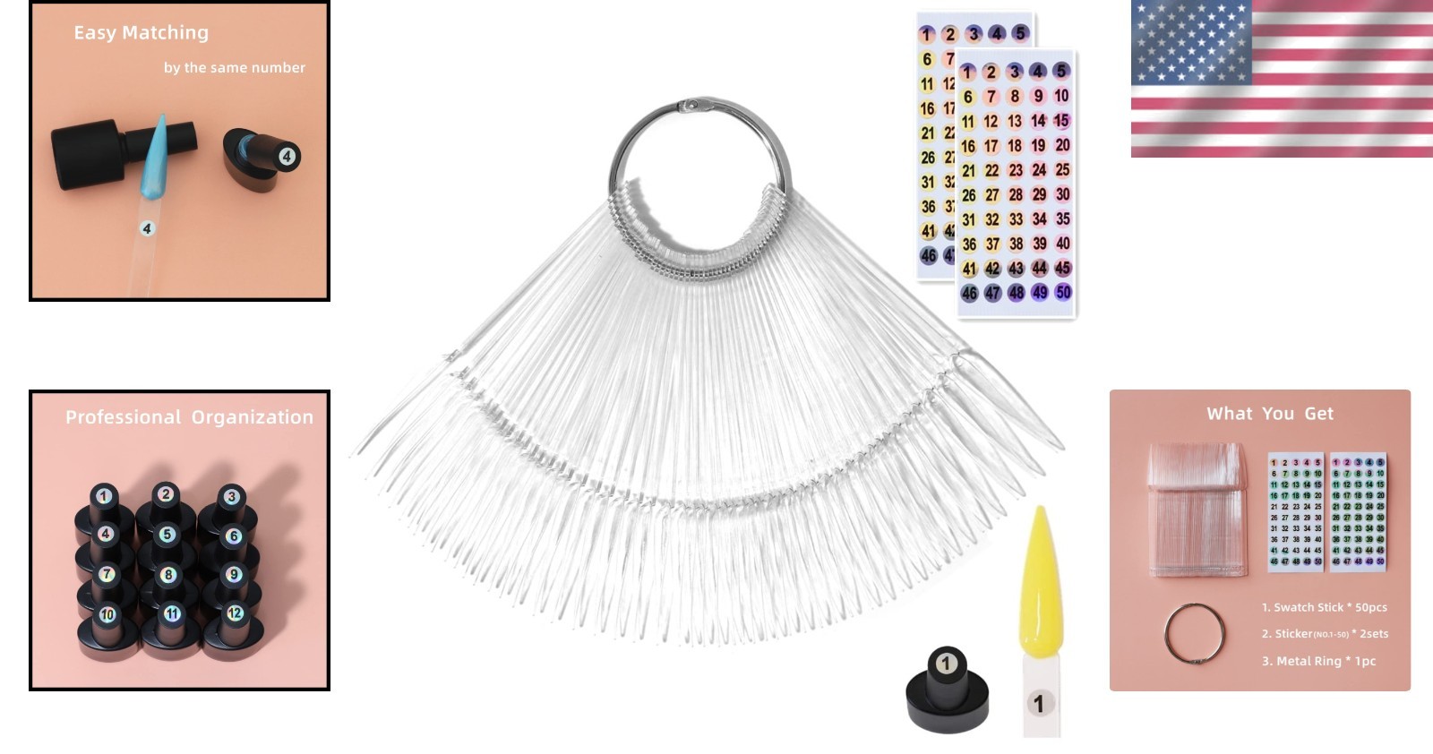 50pcs Stiletto Nail Swatch Sticks with Holographic Stickers for Professionals