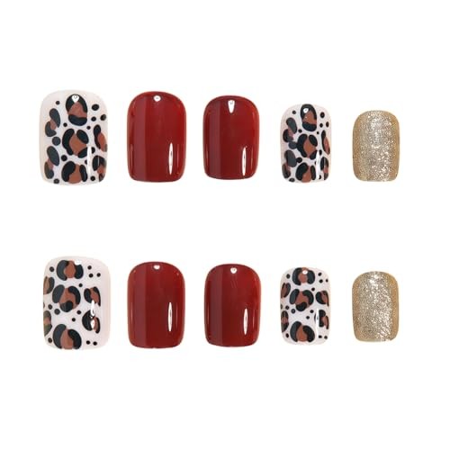 Wine Red Press on Nails Extra Short Square Fake Nails Gold Wine Red Leopard