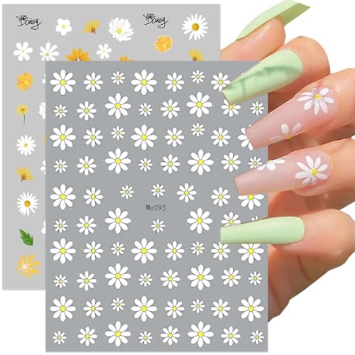 Flower Nail Art Stickers, Floral Daisy Nail Decals 3D Self-Adhesive White Daisy