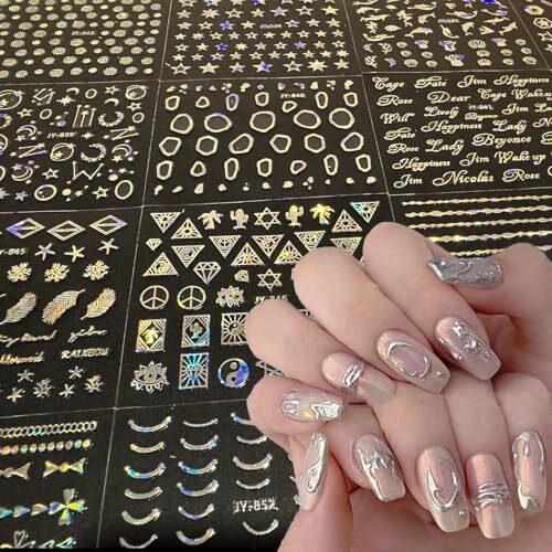 30 Sheets Silver Nail Art Stickers Aurora Silver Star Moon Nail Decals 3D Self