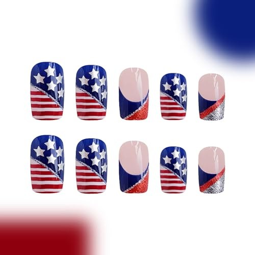 4th of July Press on Nails Medium Square French Tip Fake Nails Full ID Nails12