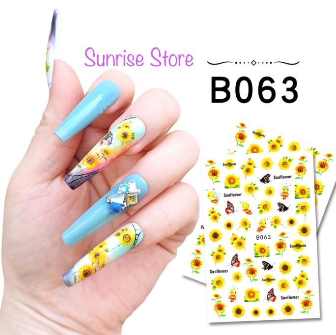 3D Nail Art Sticker 63 Sunflower Butterfly Floral Decals Manicure Peel & Stick