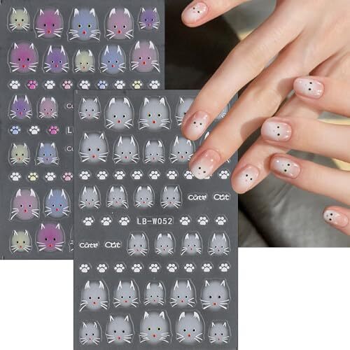 2 Sheets Cute Cat Nail Art Stickers, 5D Embossed Self-Adhesive Colorful Little