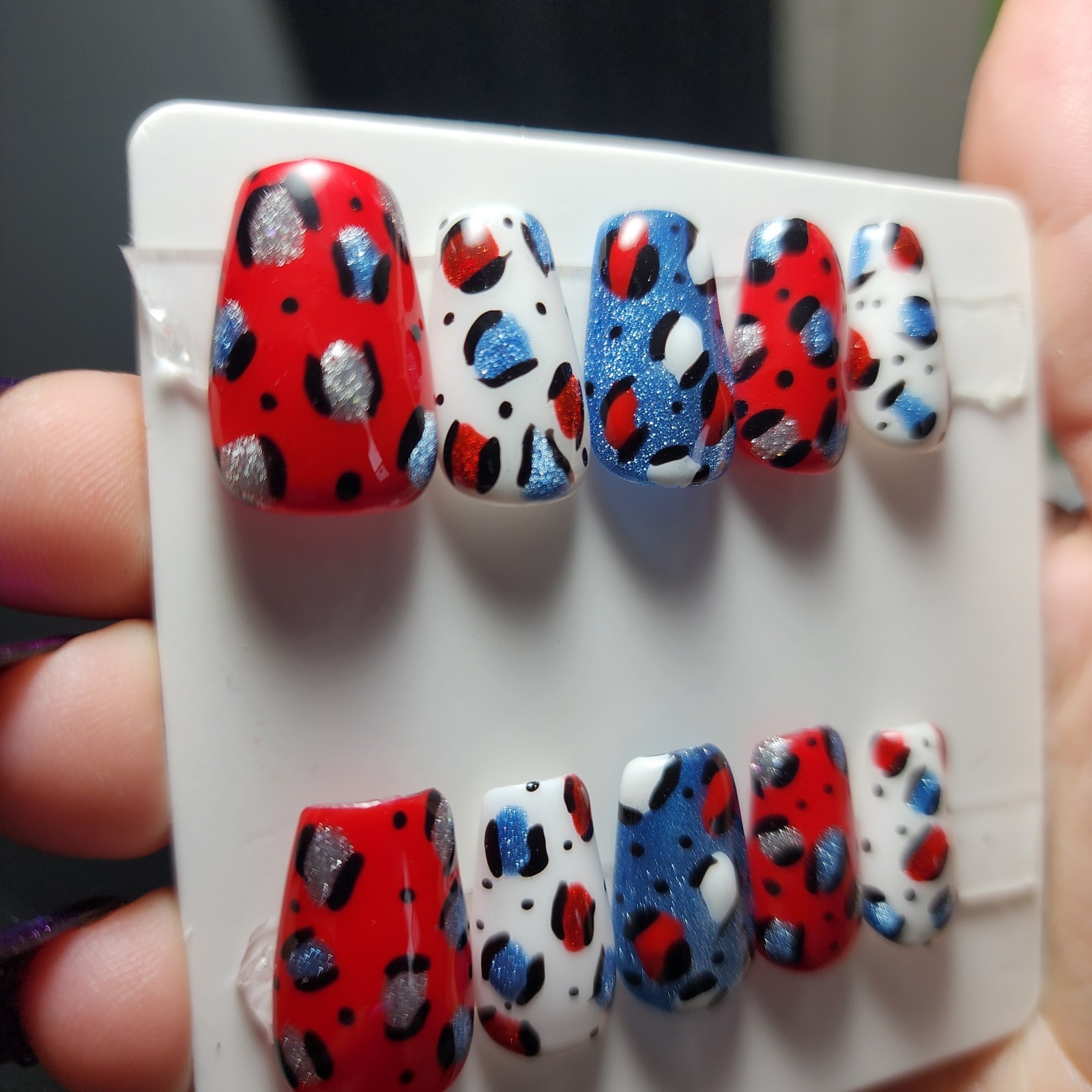 Short Coffin Medium Size Red White And Blue Leopard 4th Of July Press On Nails