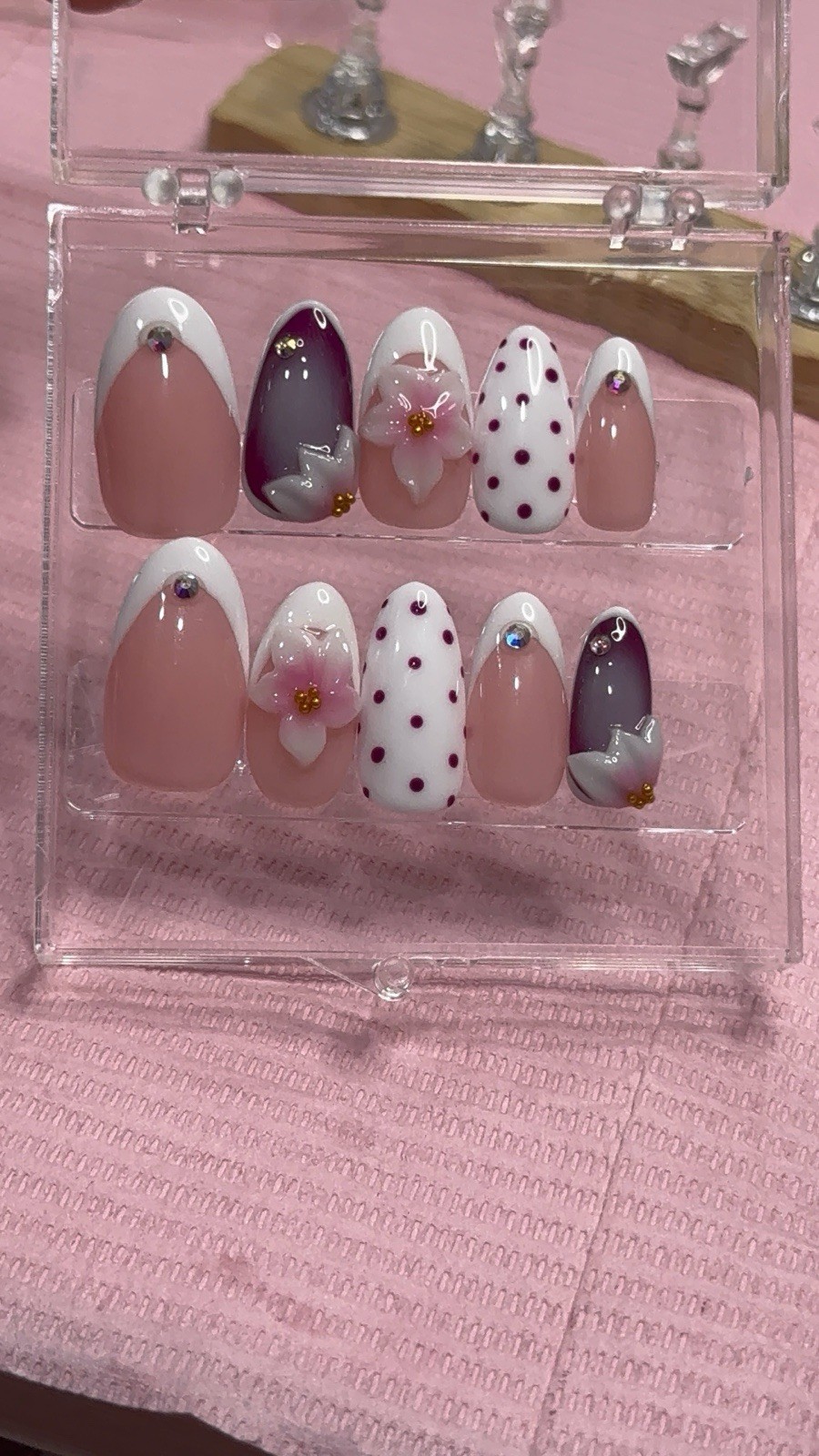 Medium Almond Press-On Nails Pink White Purple French 3D Floral Polka Dot