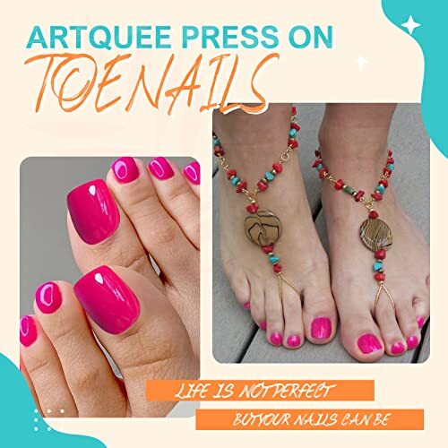 Fake Toenails Glossy Press on Toe Nails Short Square Shaped Toenail Hot Pink