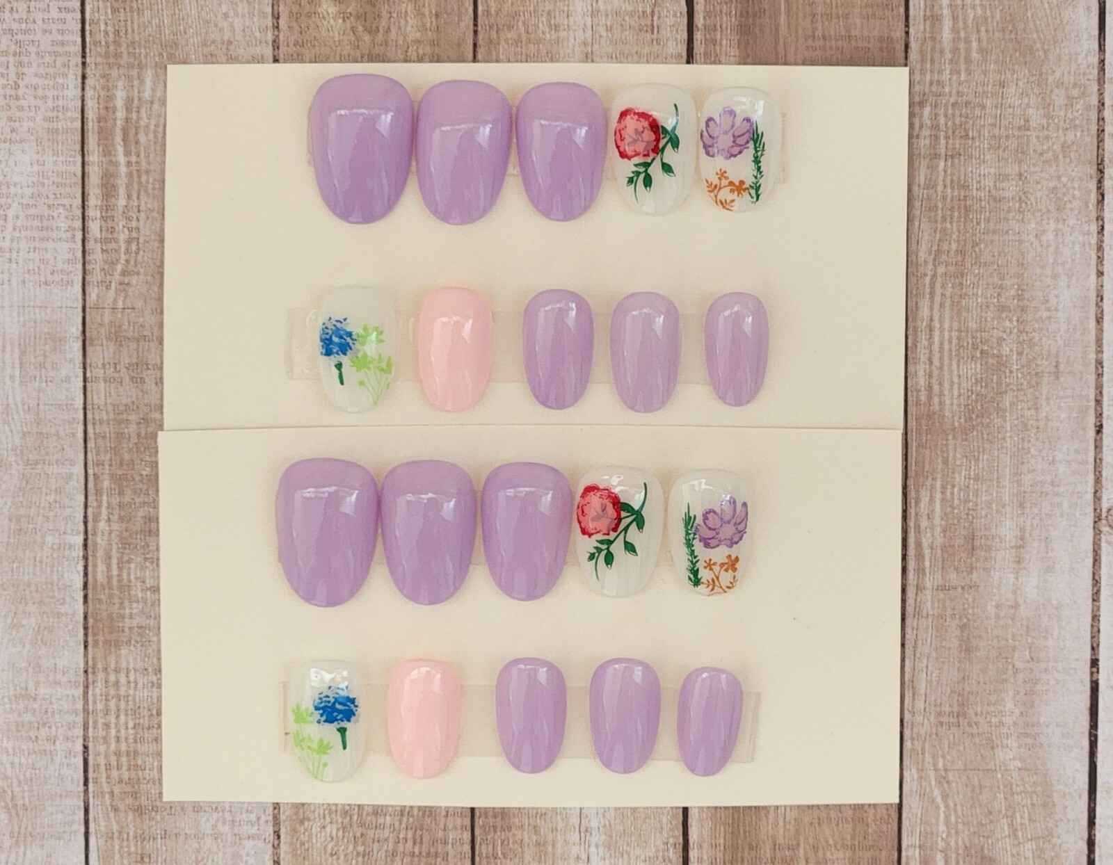 Custom Press On Handmade Gel Nails Lilac Floral Stamped Oval Short 20 Tips