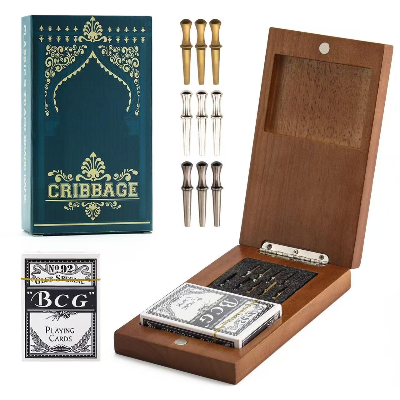 Wooden Cribbage Board Game Set, Travel 1.7 x 14 x 0.1 inches, Walnut Color