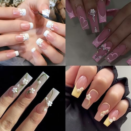 Nail Charms, 1000Pcs 3D Flower, White Acrylic, Metal, Pearl, Mix Sized, Spring