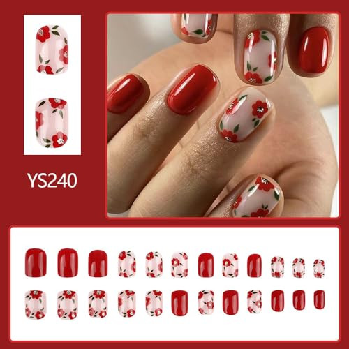 Red Press on Nails Short Square Fake 1 Fl Oz (Pack of 1) Square Flower-red