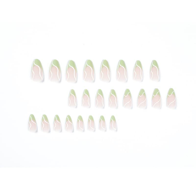Press On Nails Almond Short Medium Nude Light Green Swirl French Tip Solid