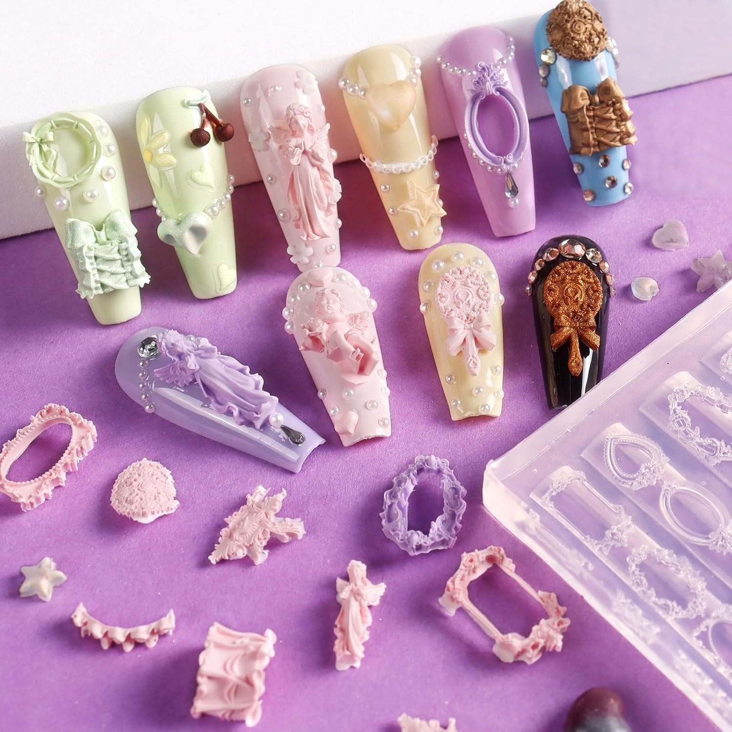 Laza 4pcs Silicone Nail Art Molds, 3D Virgin Mary, Mirror Frame, Heart, Bowkn…