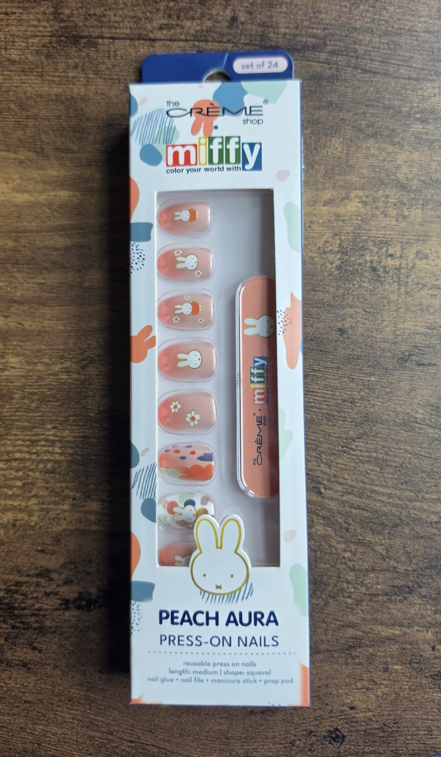 The Crème Shop Miffy Peach/White Press-On Nails Medium Squoval 24pc Glue