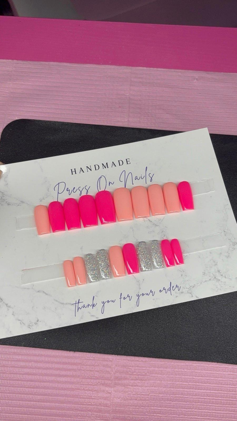 Medium square Press on nails silver glitter neon pink peach handmade gel
