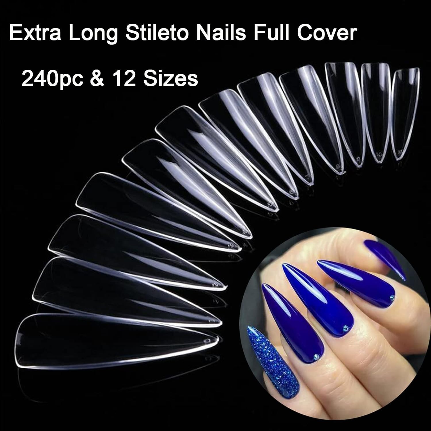 240pc XXL Almond Gel Nail Tips Extra Long Clear Oval Fake Nails 12 Sizes Full…