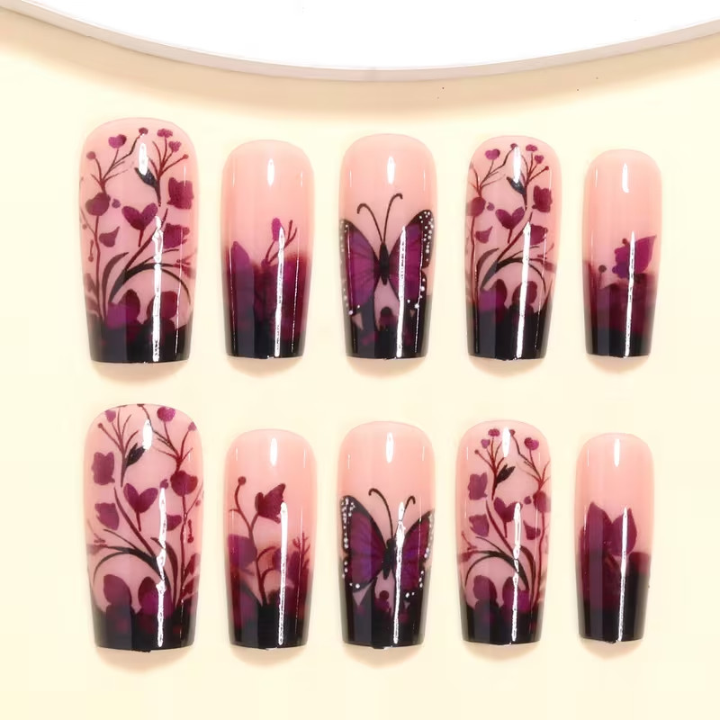 24pcs Ballet Press-On Nails, Medium Length, Glossy, Colorful Butterfly Design