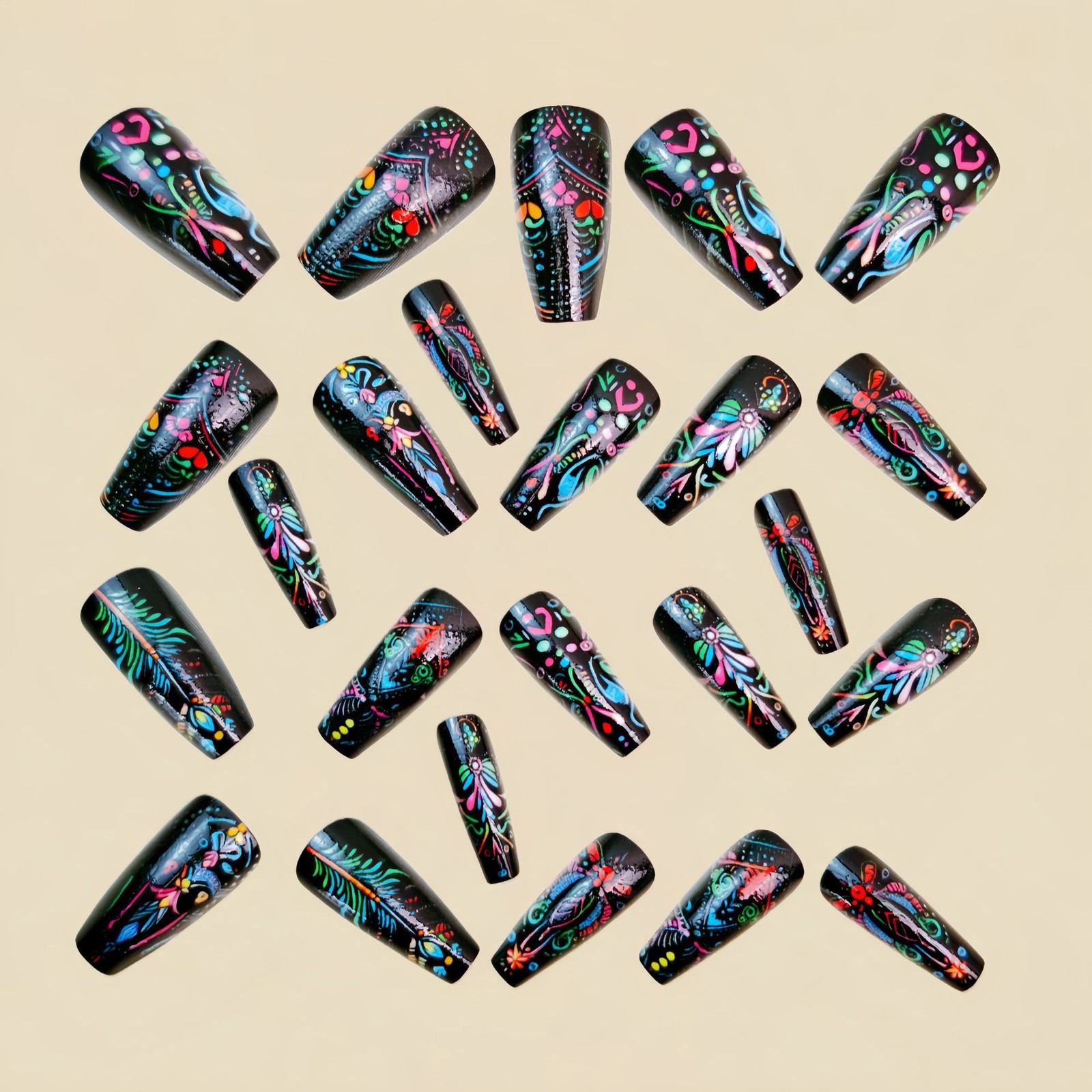 48Pcs Black Neon Press on Nails Tribal Feather Hand Painted Stylish Fake Nails