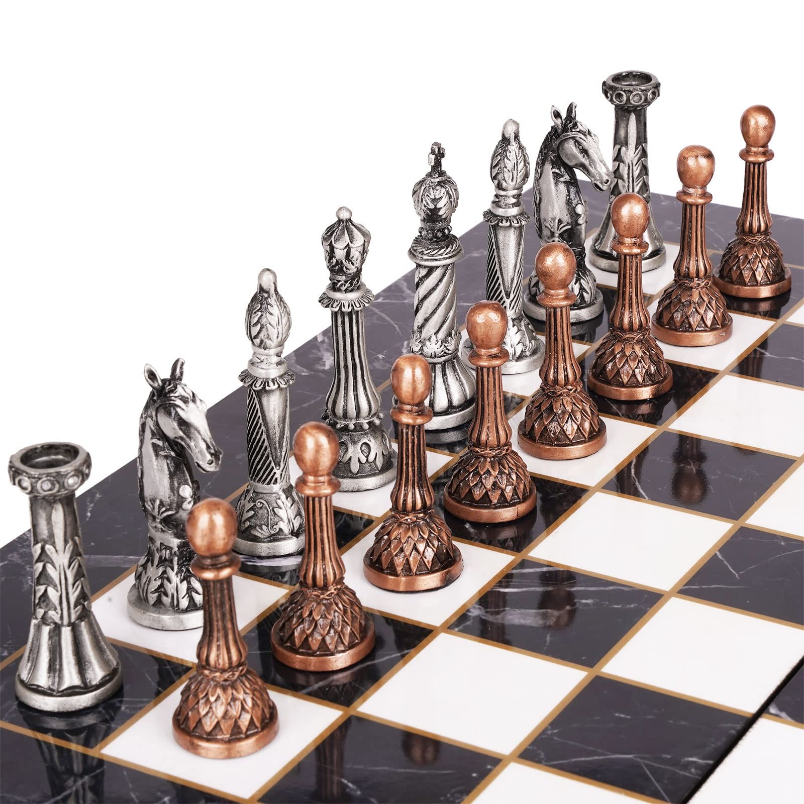 Retro Metal Chess Set for Adults 15.1 inches x inches, Bronze, Silver