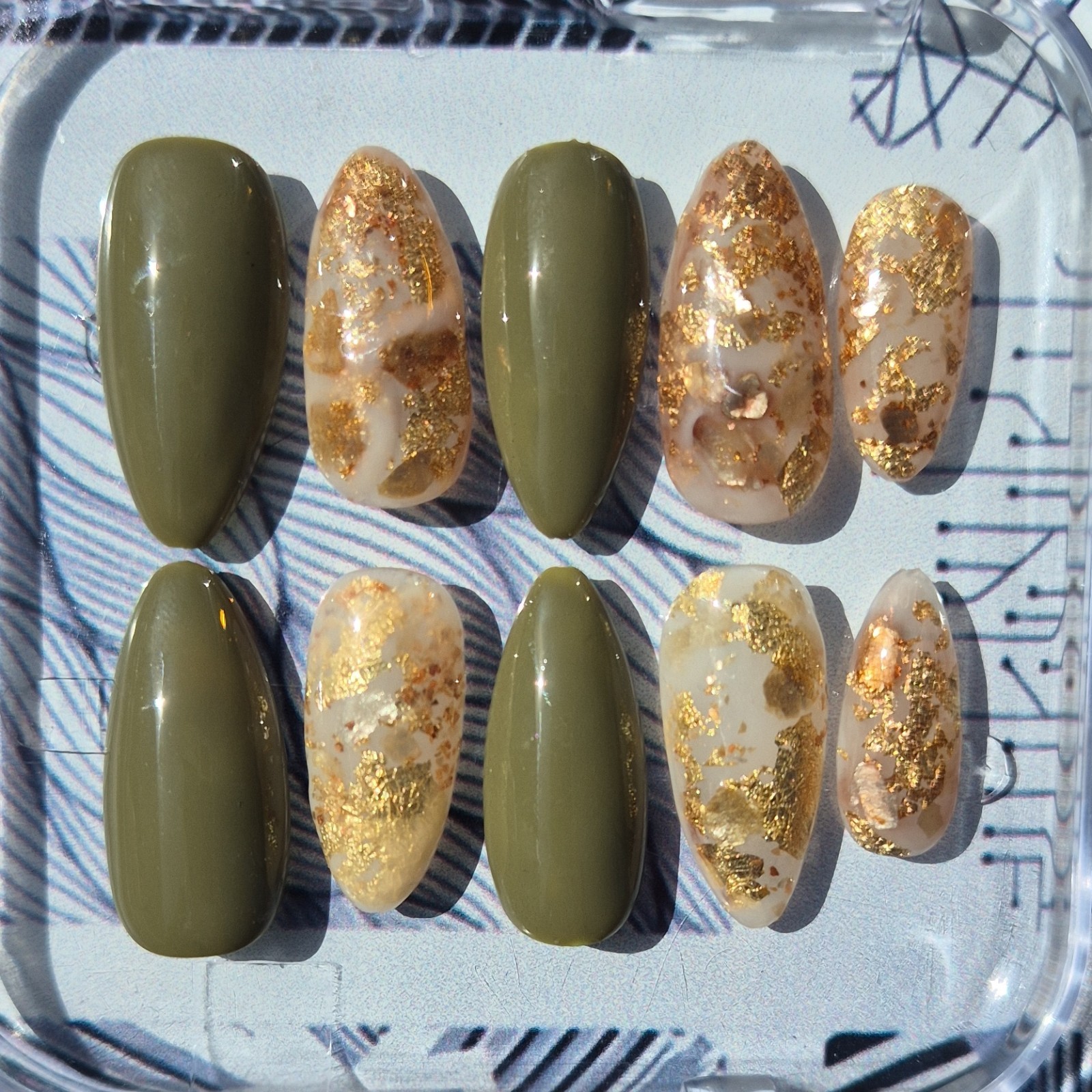 Nikki N Her Nails Olive Green Gold Marble Almond Press-On Nails Set Full Cover