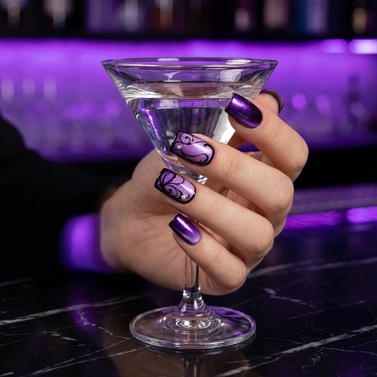 Purple Press On Nails Short Square Black Flowers Line Design Rhinestones