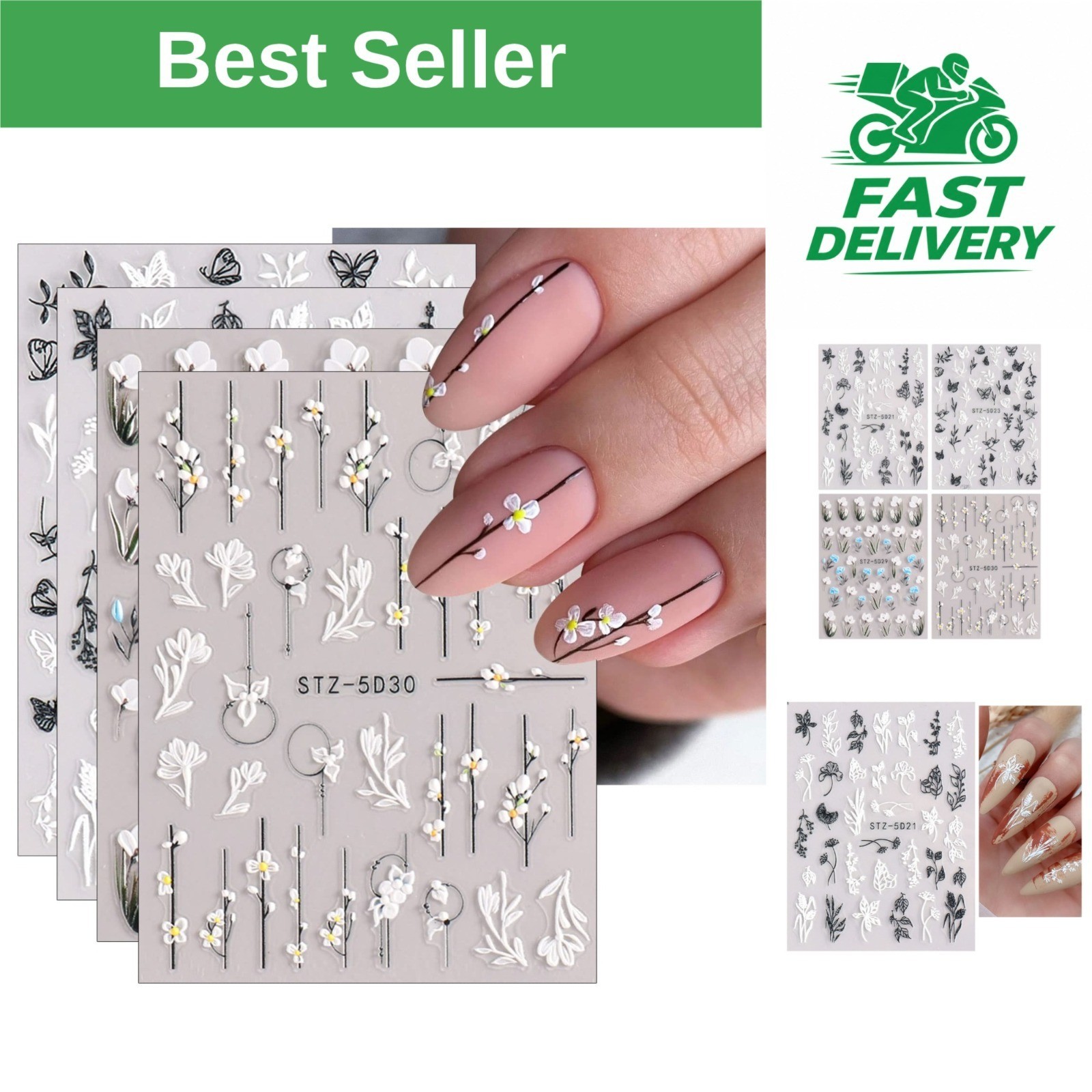 3D Flower Nail Art Stickers Self-Adhesive Floral Designs – 4 Sheets