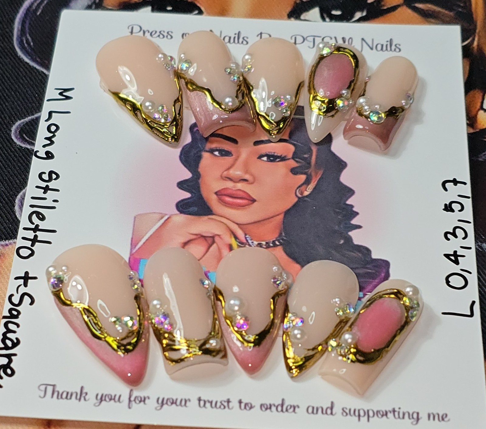 Handmade Gel Press On Nails,Large Size 0,4,3,5,7, M Long Stiletto +Square