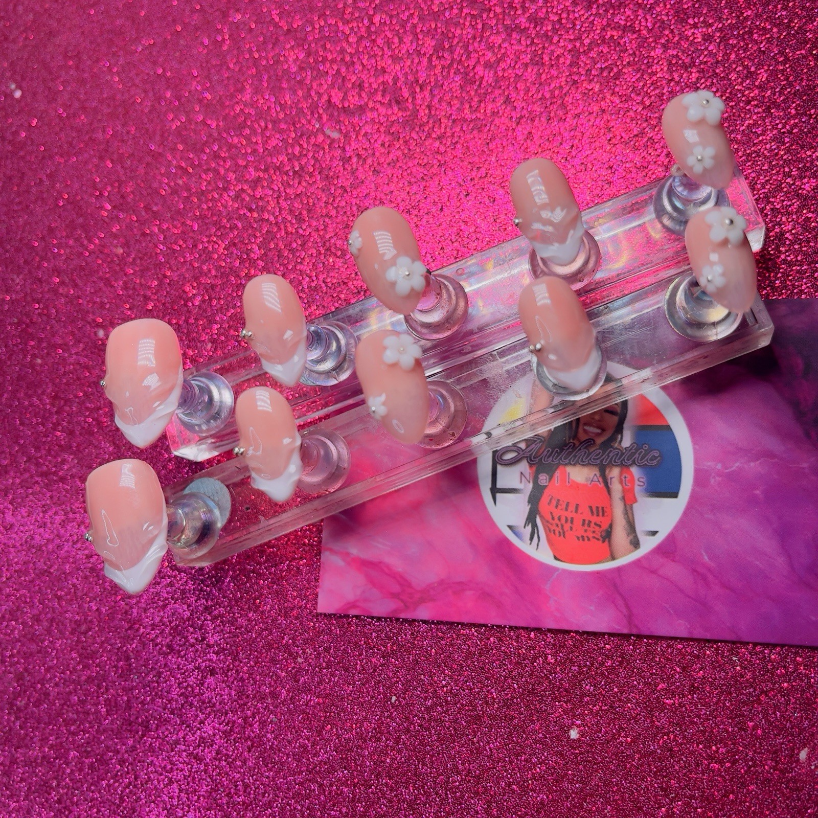Almond Press-On Nails Peach White French 3D Flower by Authentic Nail Arts by Dia