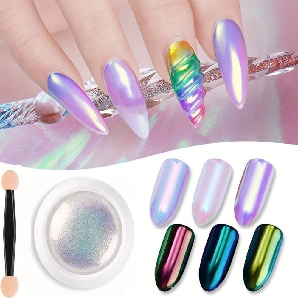AURORA NAIL POWDER Mirror Effect CHROME Nail Art Mermaid Rainbow AB (Opal6) Uk