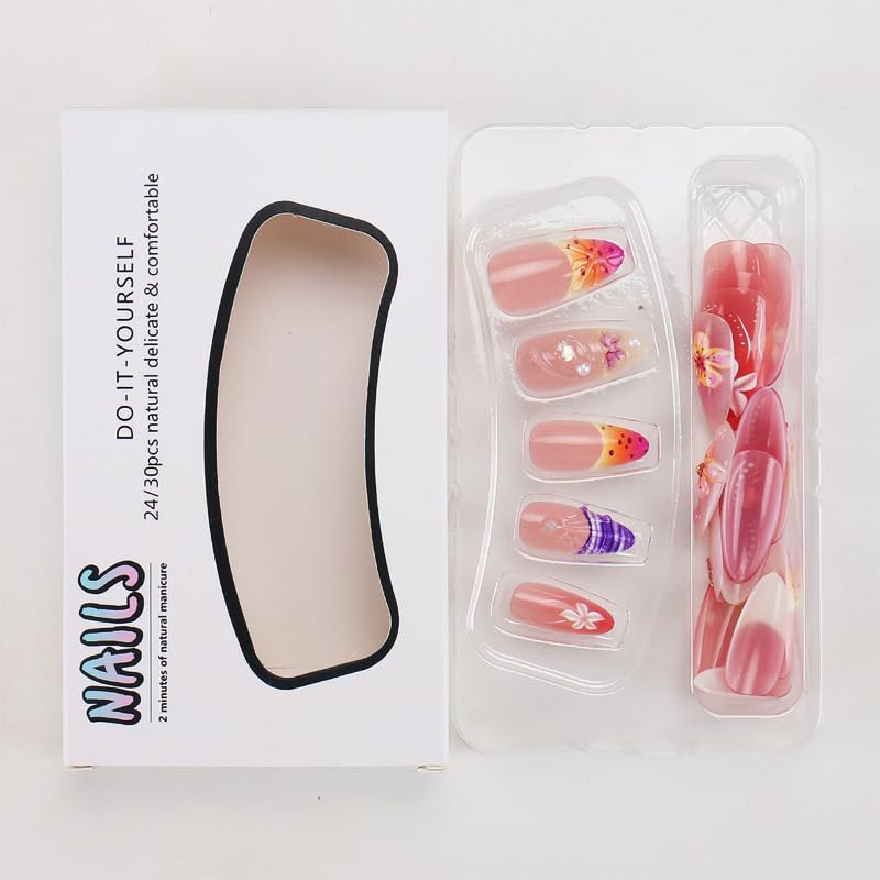 24Pcs Colorful Flower Press on Nails Medium Almond Fake Nails with 3D Butterfly