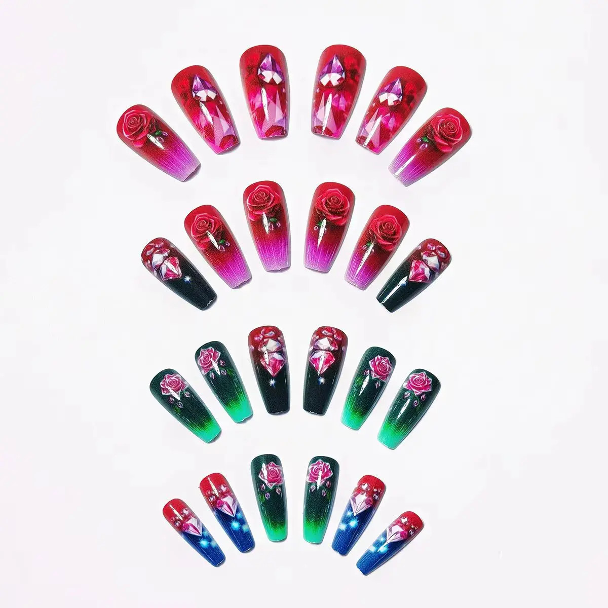 24pcs Black Almond Red Heart Rose Press On Nails