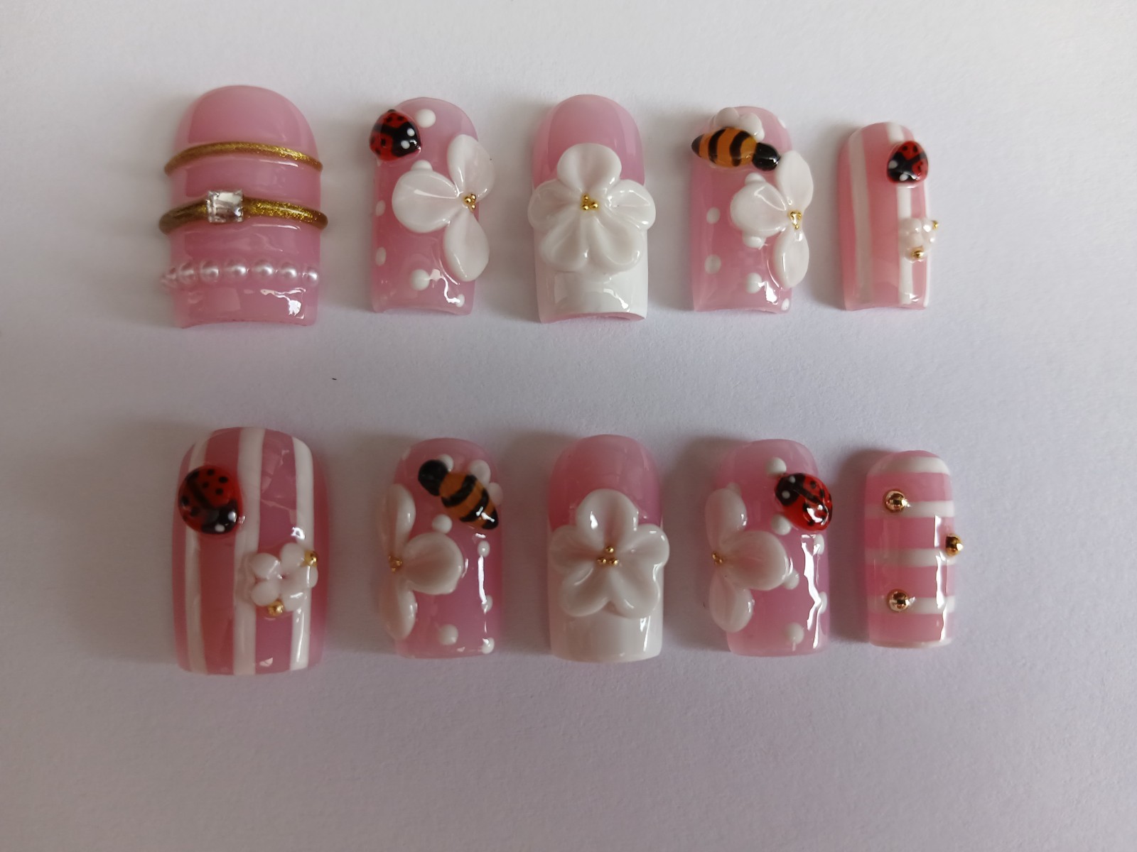 Handmade Press on Nails, Ladybug, Bee,Flowers,Made to order “Pick “.