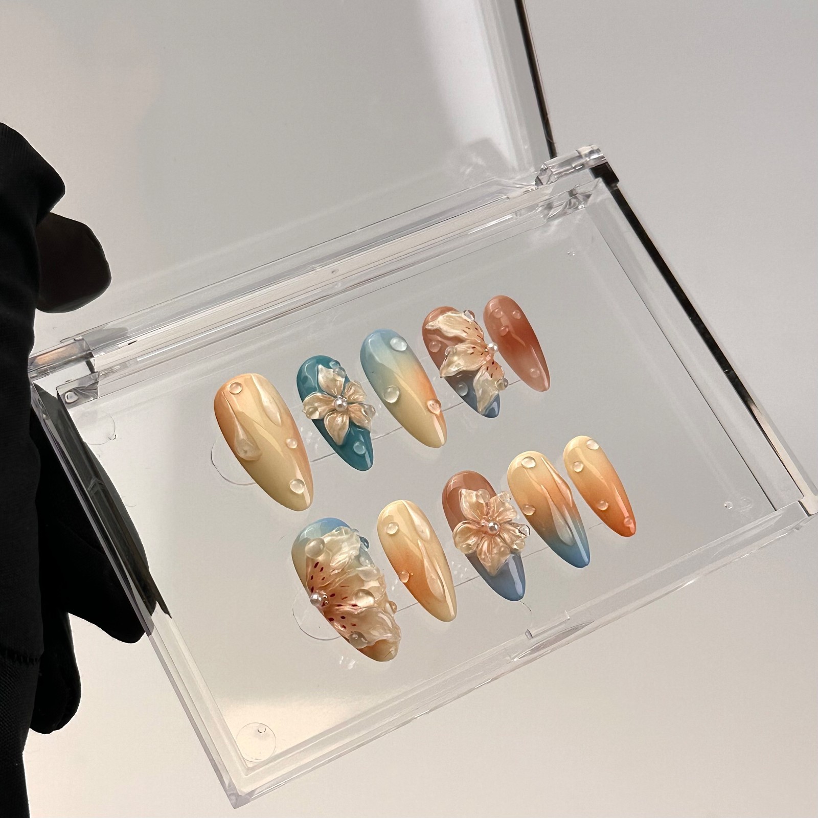 Blue Orange Flower Press On Nails Medium Almond 3D Waterdrop Glue On Set