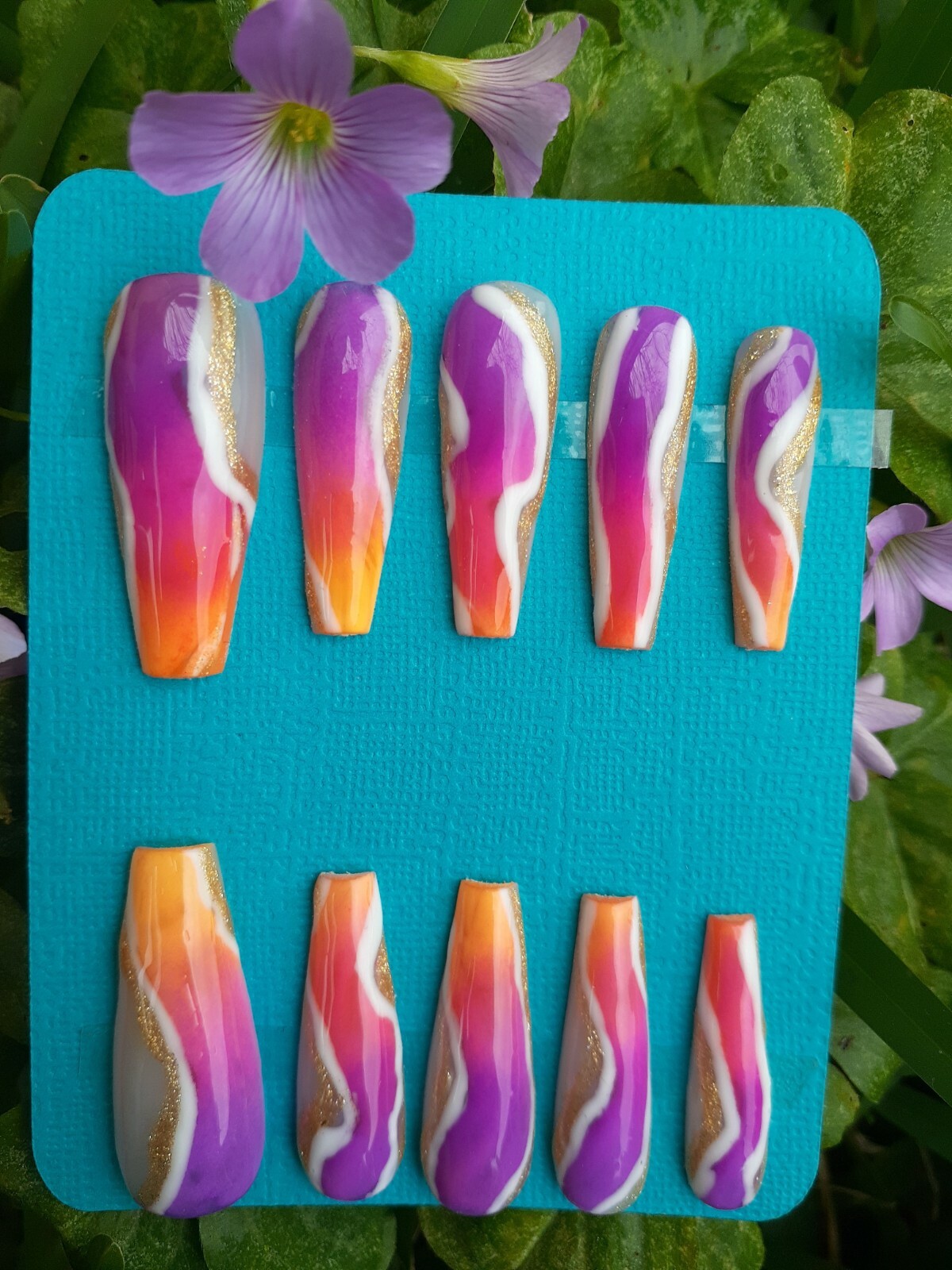 Pink Purple Orange Ombre White Gold Press on Nails Handmade Neon Tropical Nails