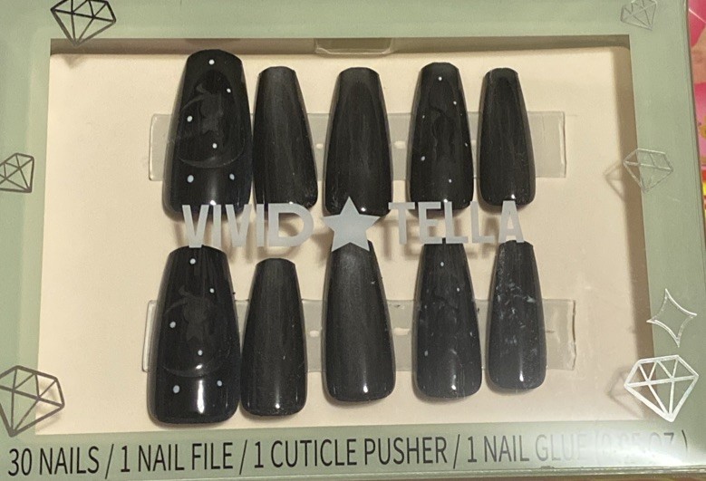 30 Medium Black Silver Cat Theme Nails Set, 3D Glitter, Full Cover