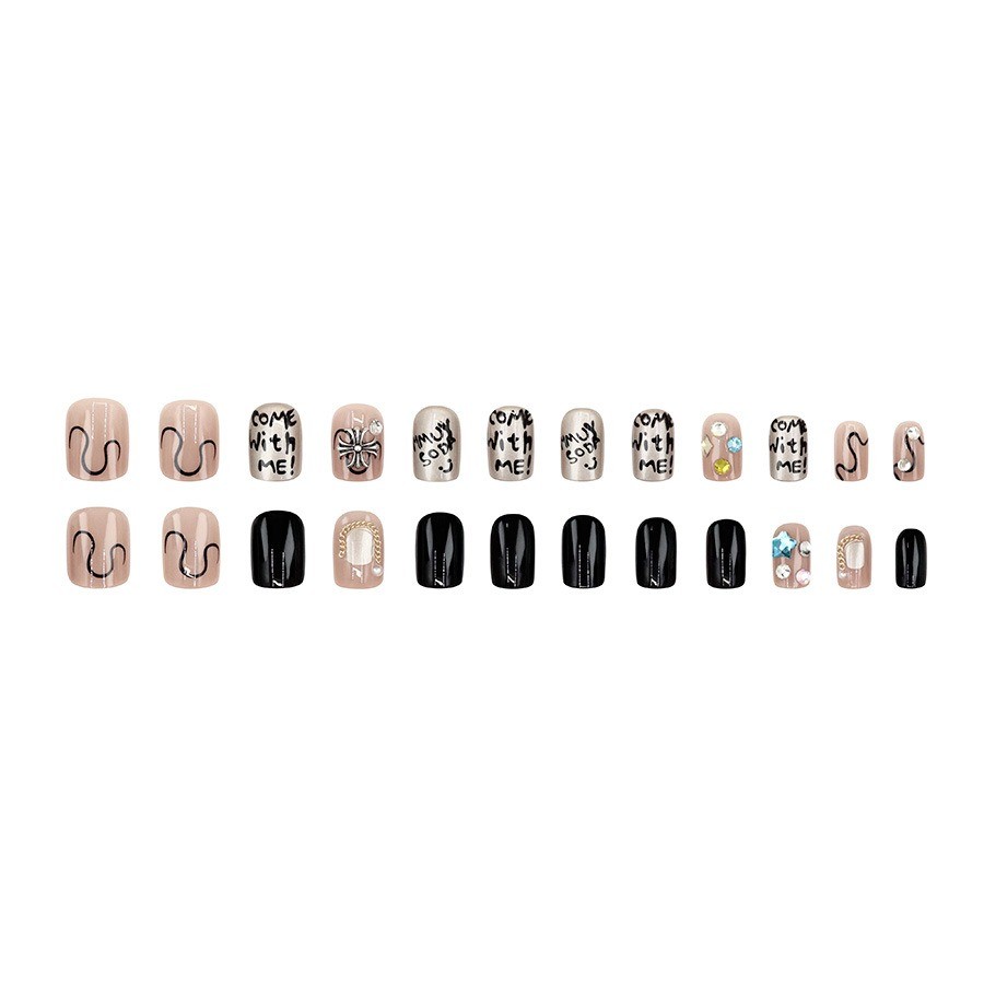 48Pcs Letter Rhinestone Press on Nails,Short Square Black Nude Trendy Fake Nails