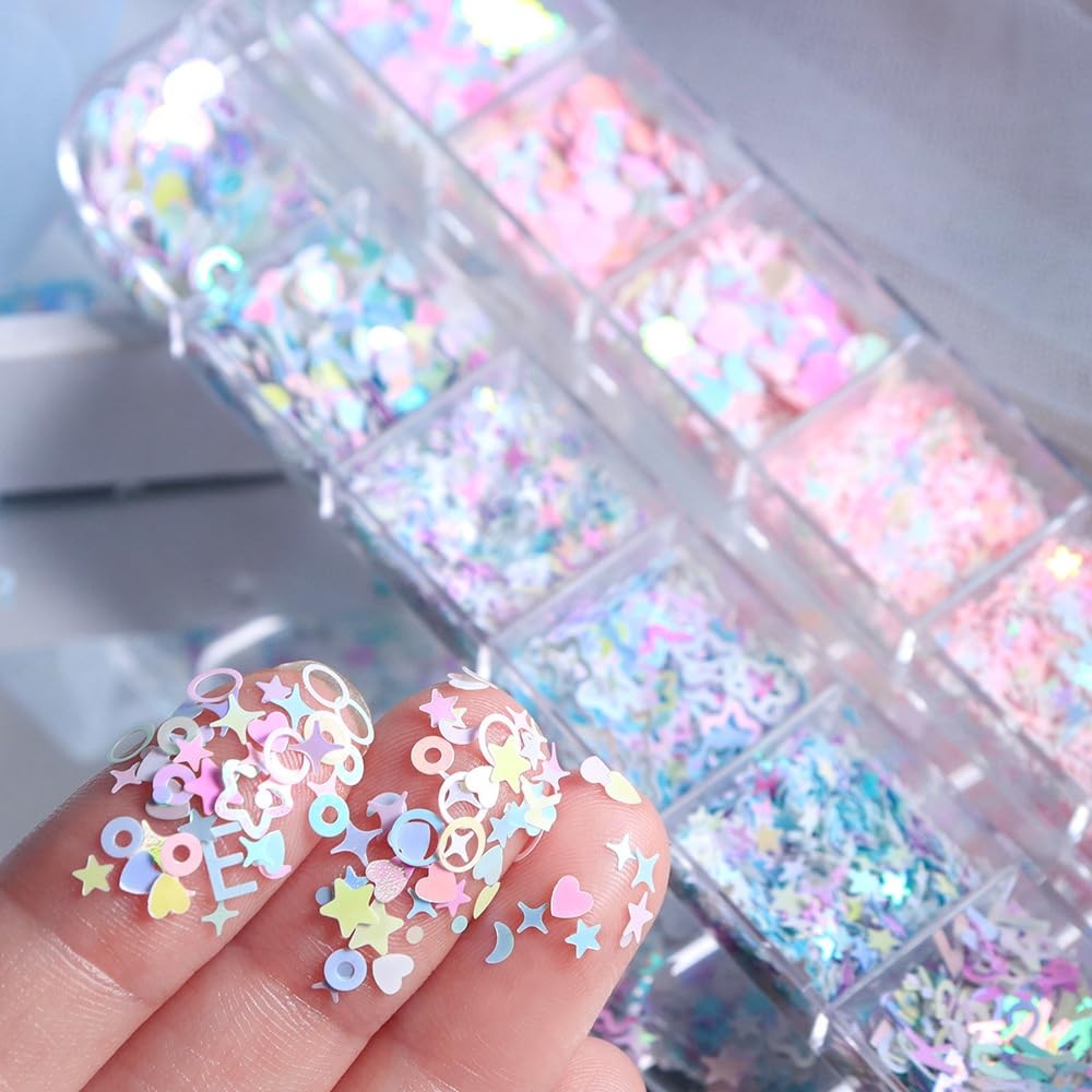 Holographic Nail Art Sequins, Iridescent Candy Colors Nail Confetti, 3D Chunk…