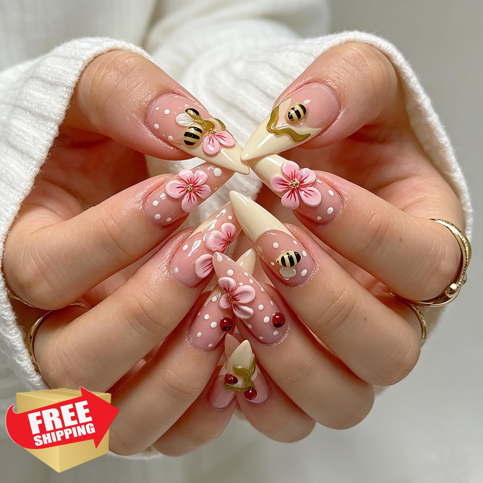 Tephrent Bee Ladybug 24pc Long Almond Nails