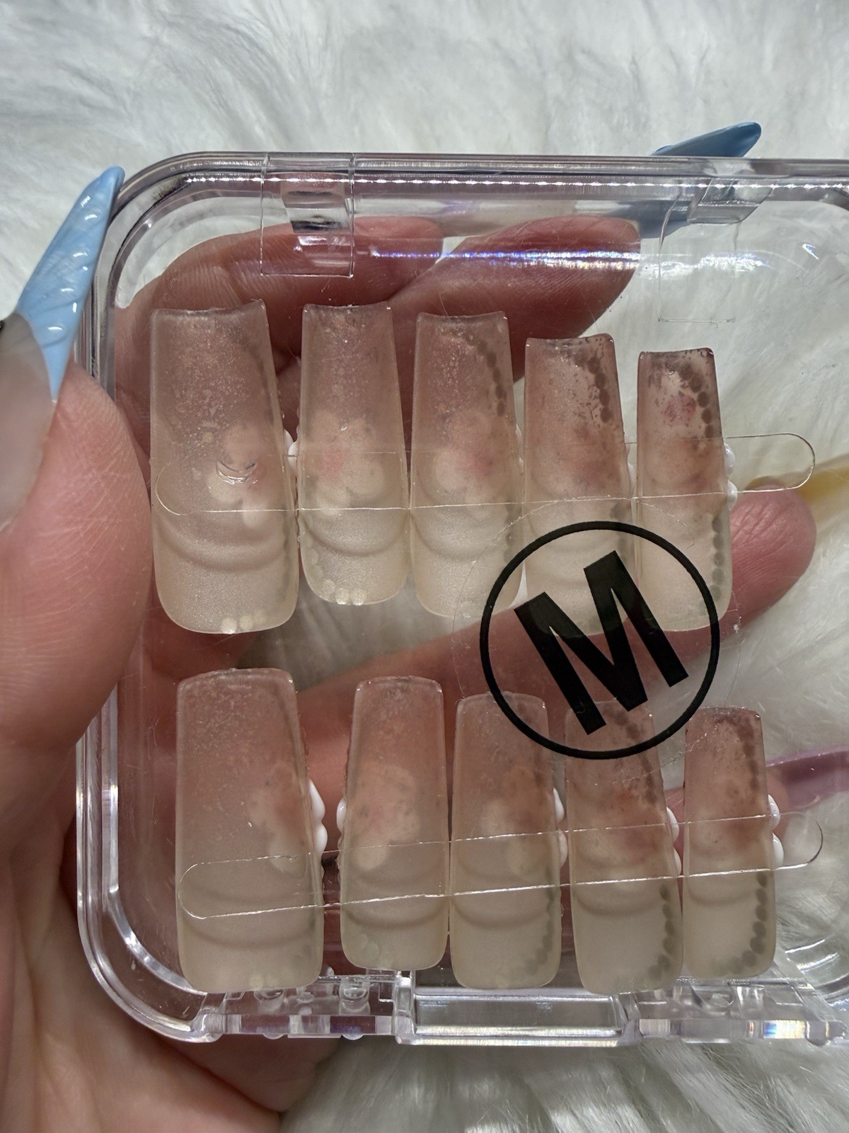 Long Coffin Press-On Nails Beige Pink 3D Shiny Flowers Rhinestone Full Cover