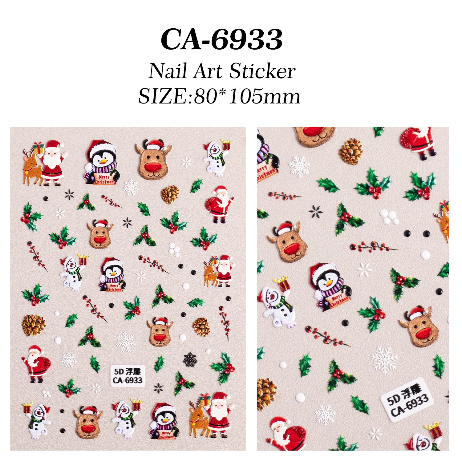 10Set Christmas Nail Stickers 5D Art DIY Manicure Decal Santa Snowman Xmas Decor
