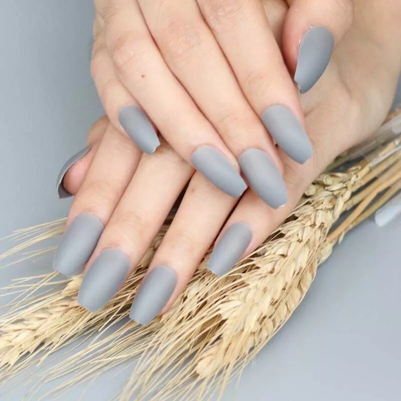 24 Matte Gray Press On Nails w/ Glue medium coffin grey unique