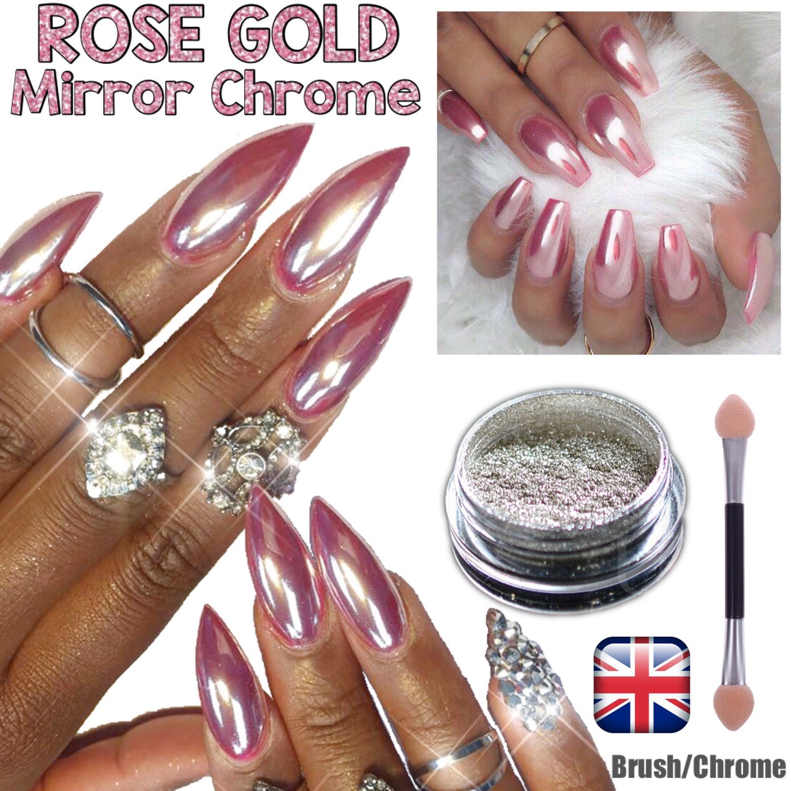 ROSE GOLD NAIL MIRROR CHROME POWDER EFFECT Pigment NAILS Silver Pink Purple UK