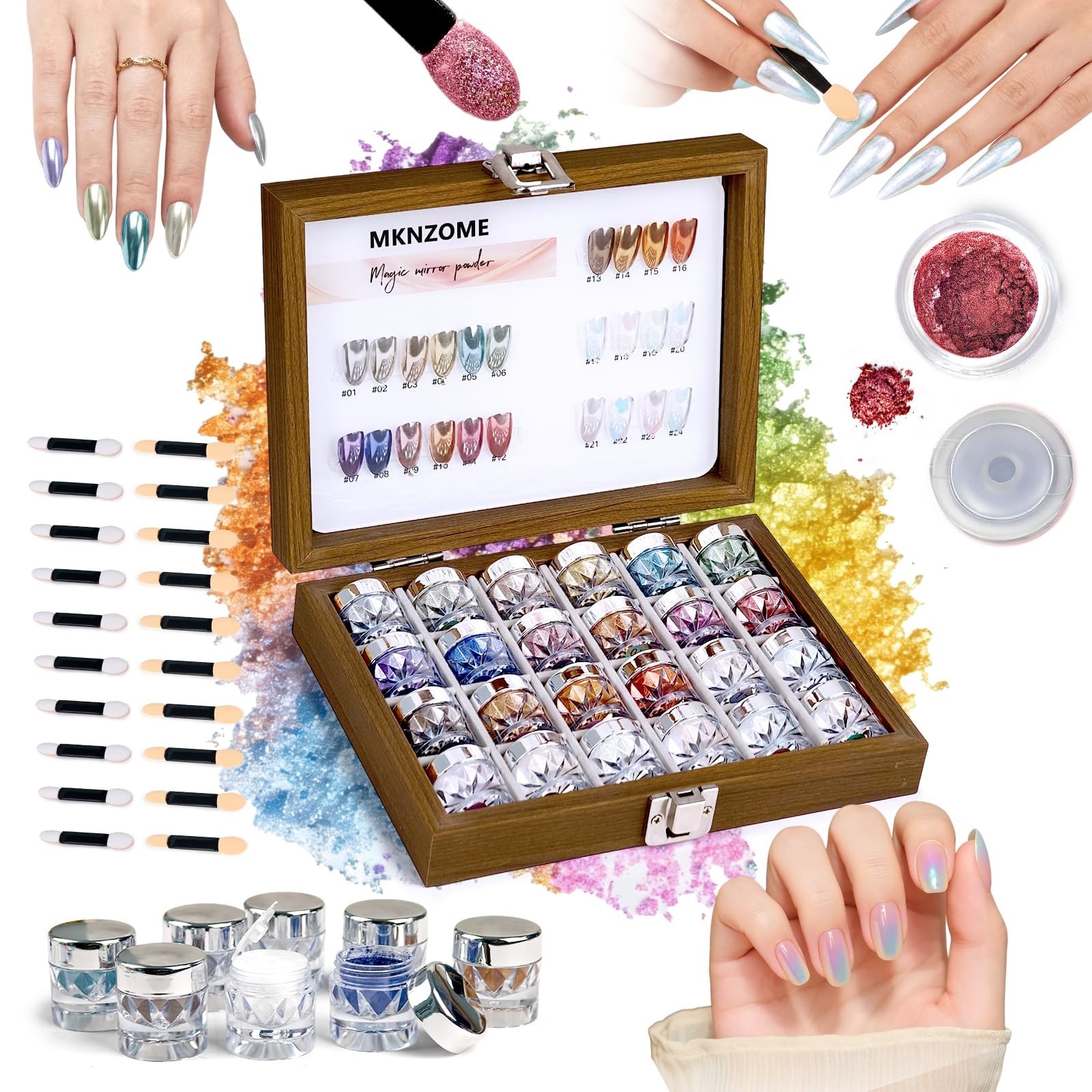 24 Colors Chrome Nail Powder – Iridescent Metallic Glitter for DIY Nail Art, Sal